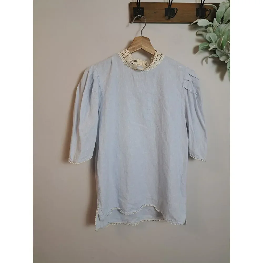 Zara Linen Light Blue Puff Sleeve Lace Collar Top Sz M